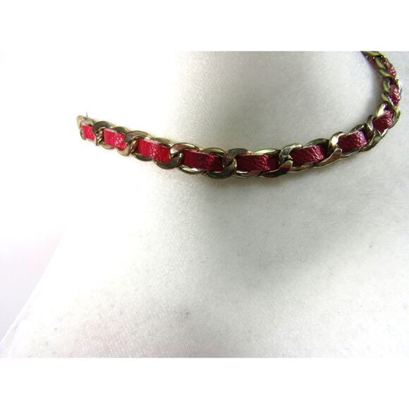 Red Faux Leather Gold Tone Choker Necklace 14" Boho Whimsigoth Cottagecore Chic - Picture 2 of 5